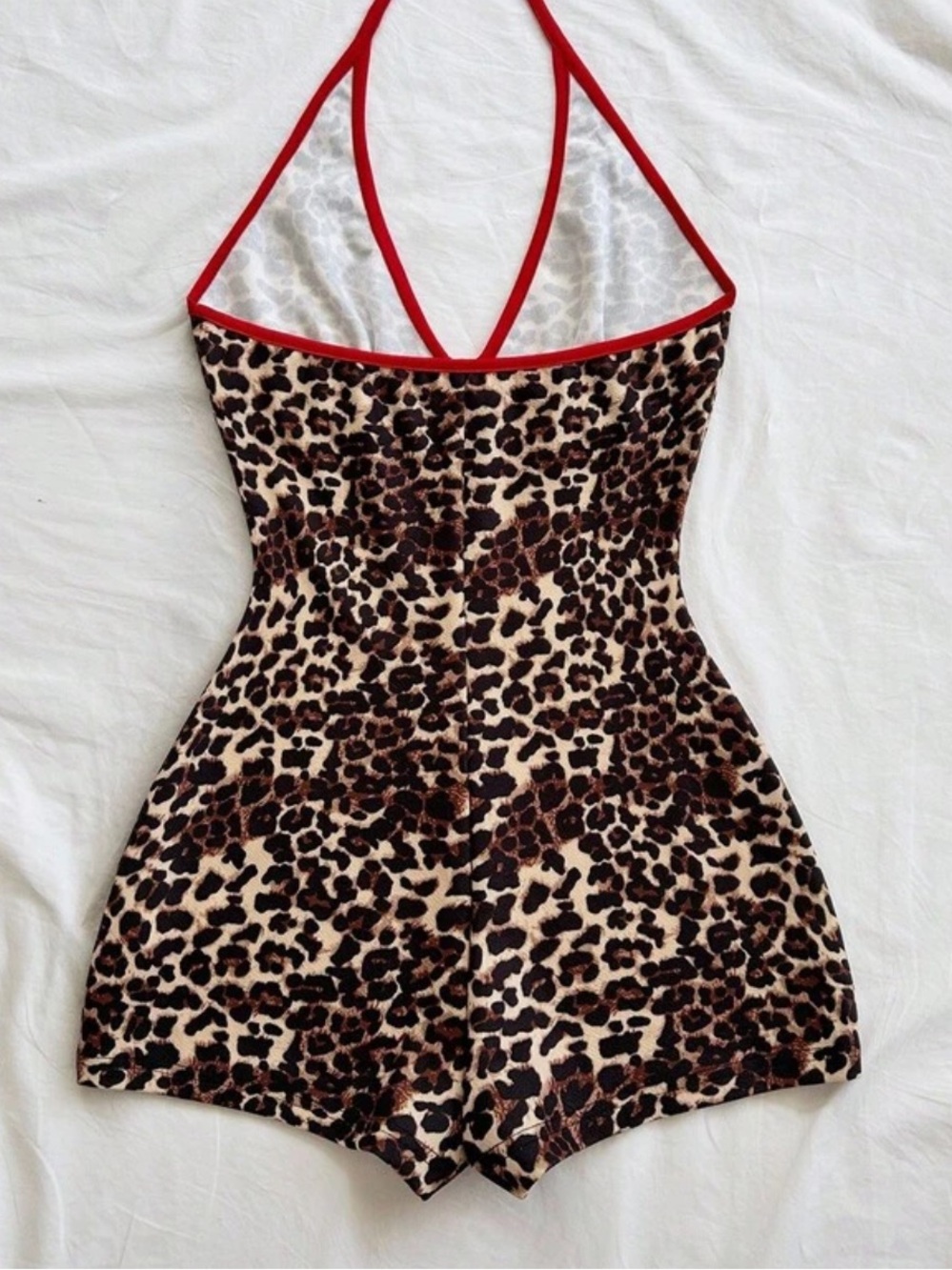 SHEIN Leopard Print Halter Romper with Red Trim